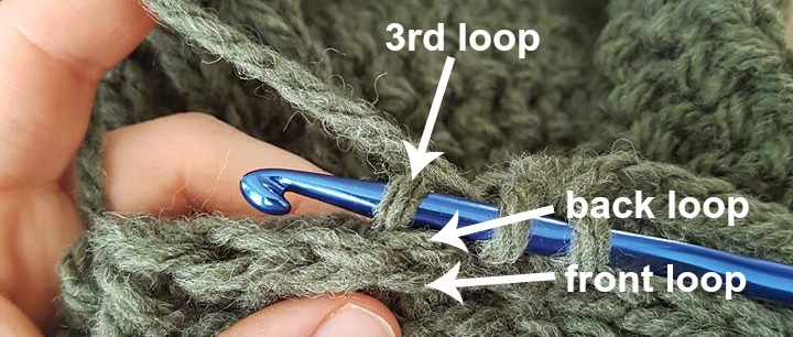 Shows where the 3rd loop of the hdc, or half double crochet, stitch is.