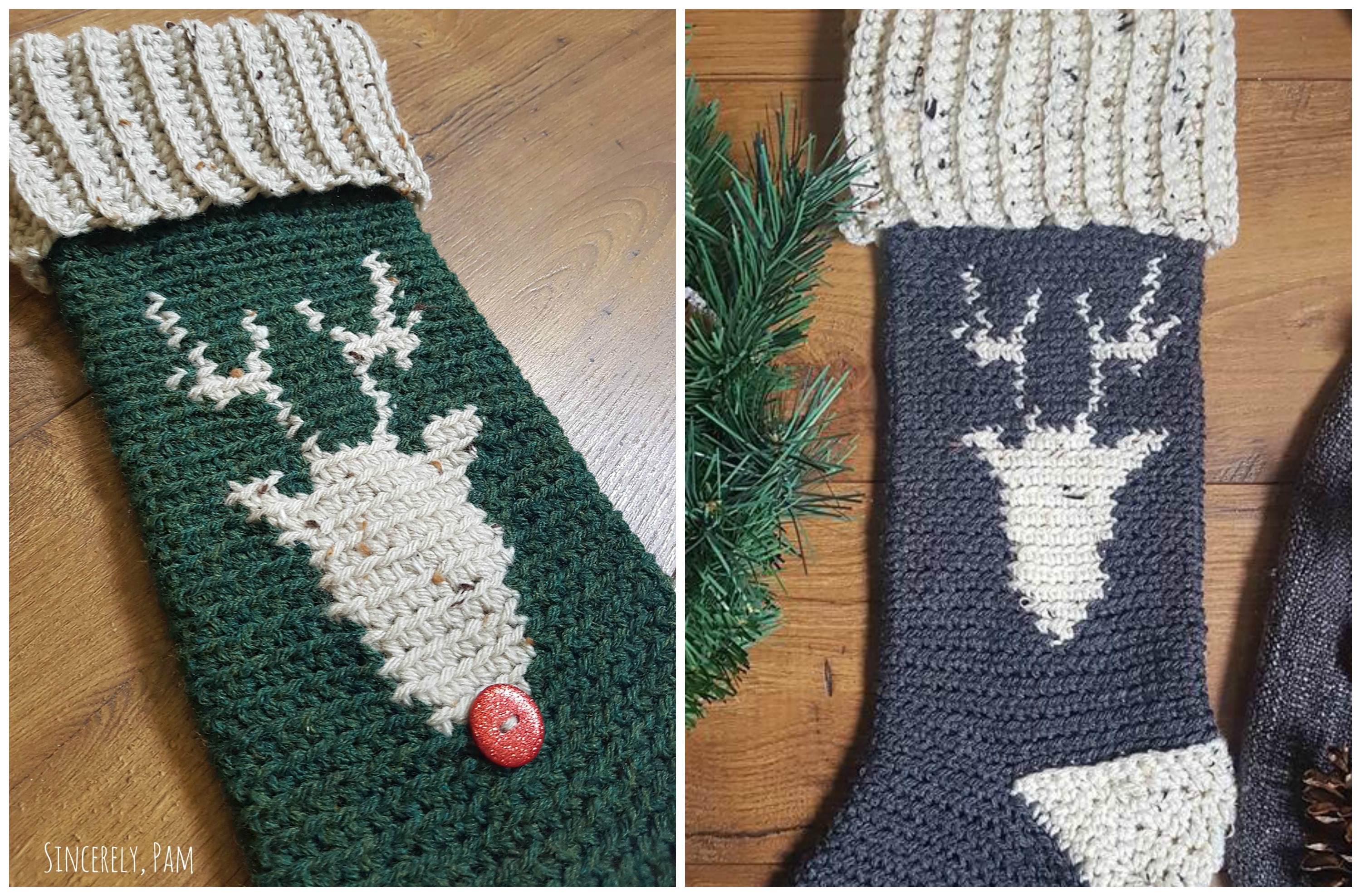 Reindeer Stocking in green and in grey.