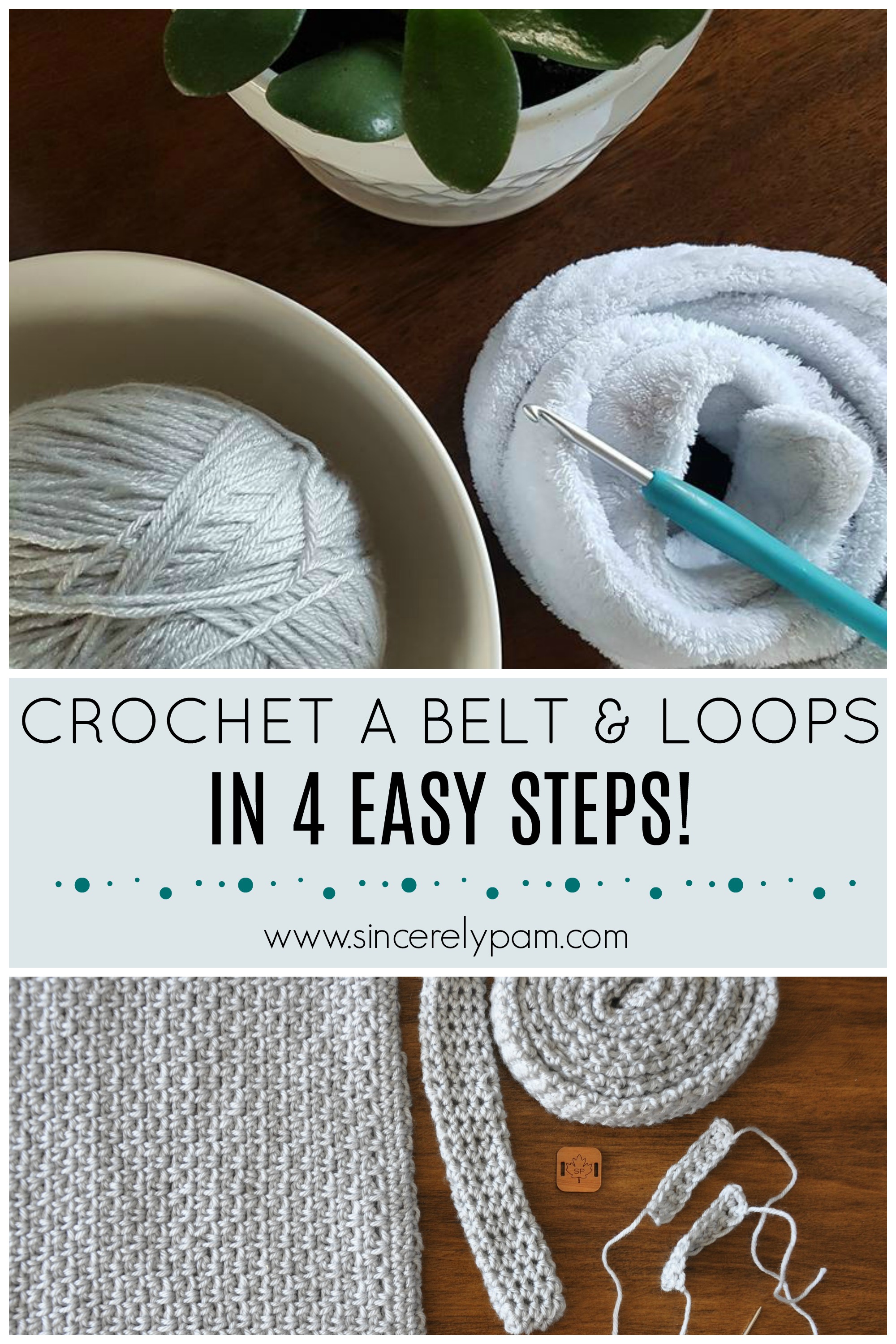 How to crochet a belt and belt loops in 4 easy steps! Tutorial by Sincerely, Pam