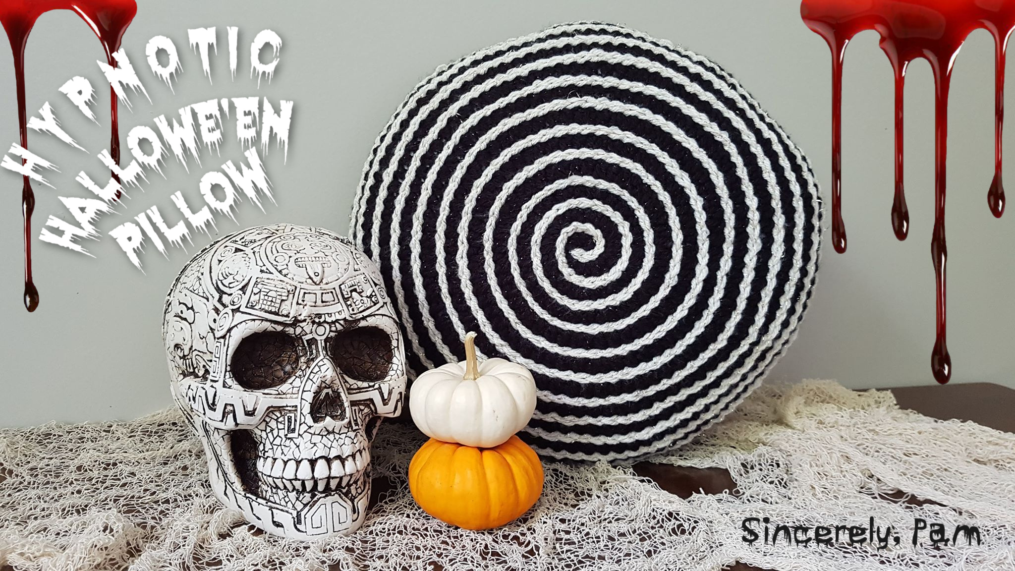 Hypnotic Pillow crochet pattern by Sincerely, Pam. Great Halloween decor!