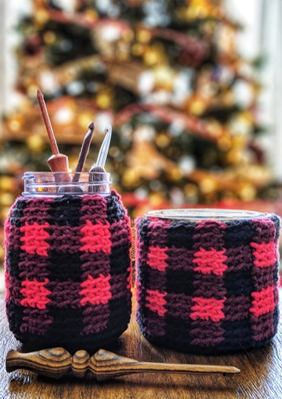 Buffalo Plaid 3 wick candle and Mason Jar Cozy crochet pattern by Sincerely, Pam