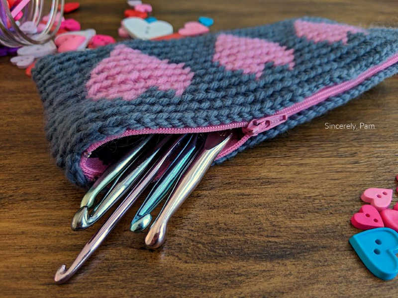 Tapestry Heart Pencil Case crochet pattern by Sincerely, Pam