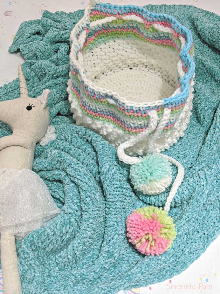 drawstring basket crochet pattern by sincerely pam