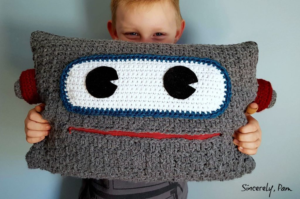 Free Robot Pillow Crochet Pattern by Sincerely Pam