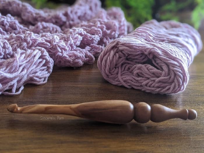 caron cotton cake in lilac and furls alpha series hook