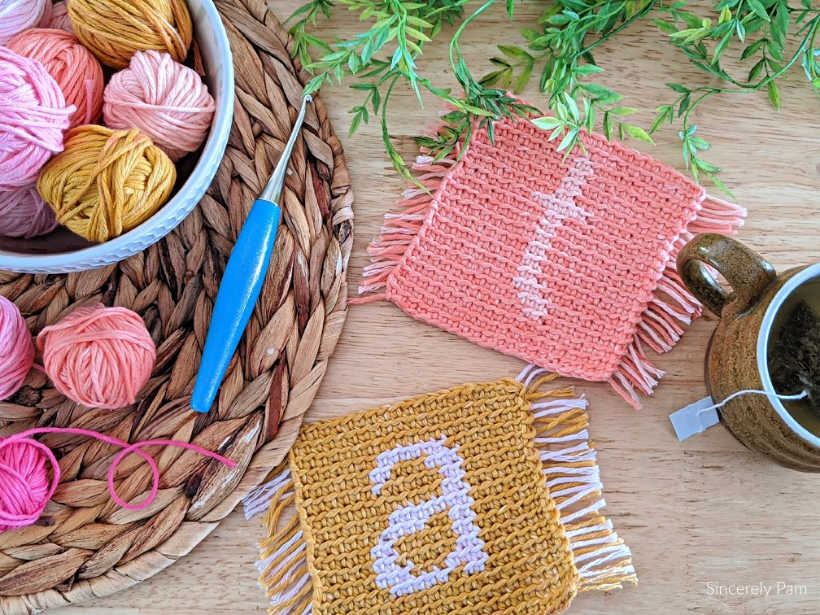 Monogram Coasters crochet pattern by Sincerely Pam