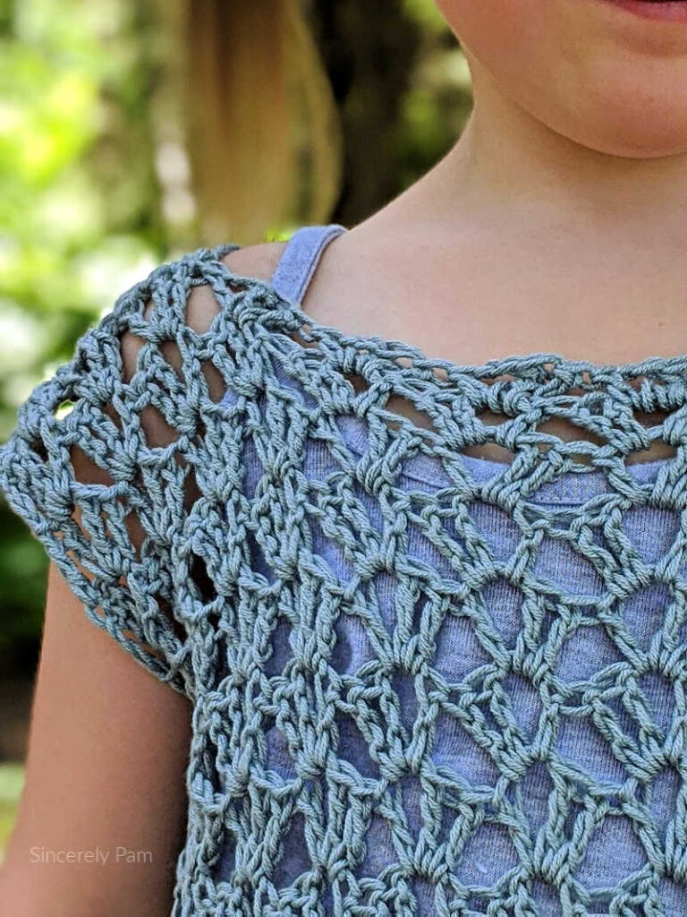 close up of the shoulder Marielle Lace Tee crochet pattern by sincerely pam