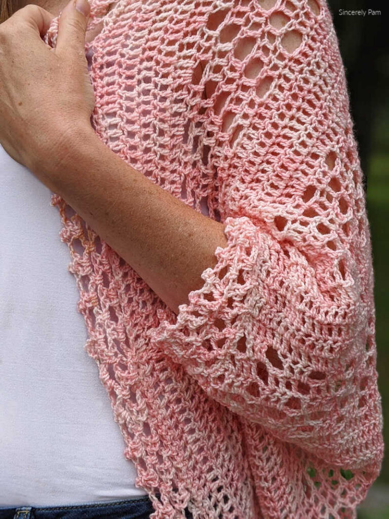 close up sleeve detail of the daphne cocoon cardigan crochet pattern