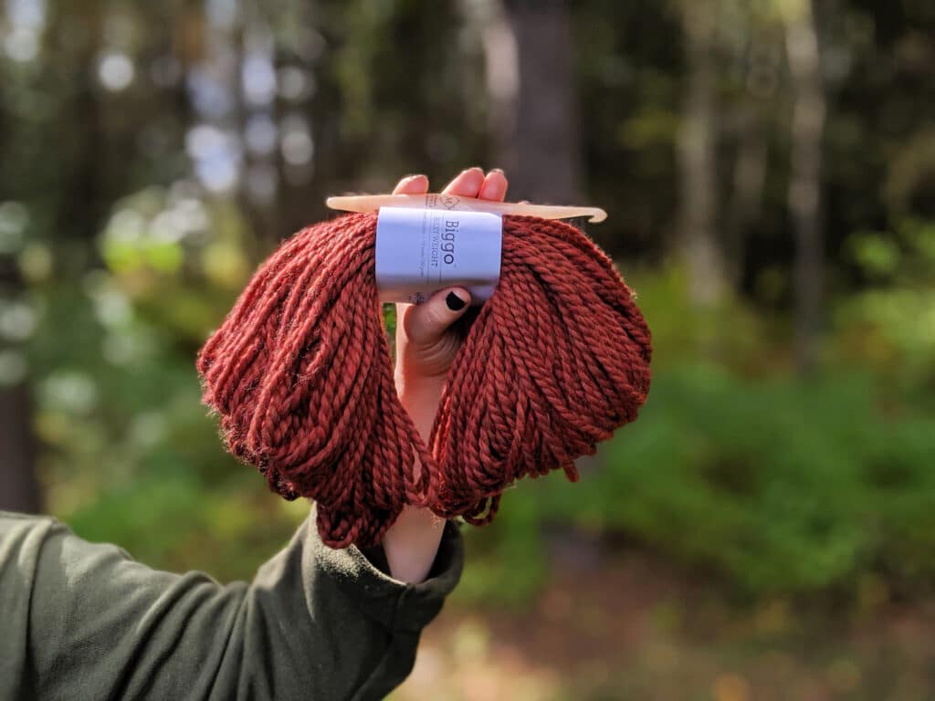 a hand holds a hank of Biggo yarn from WeCrochet in front of a wooded area.