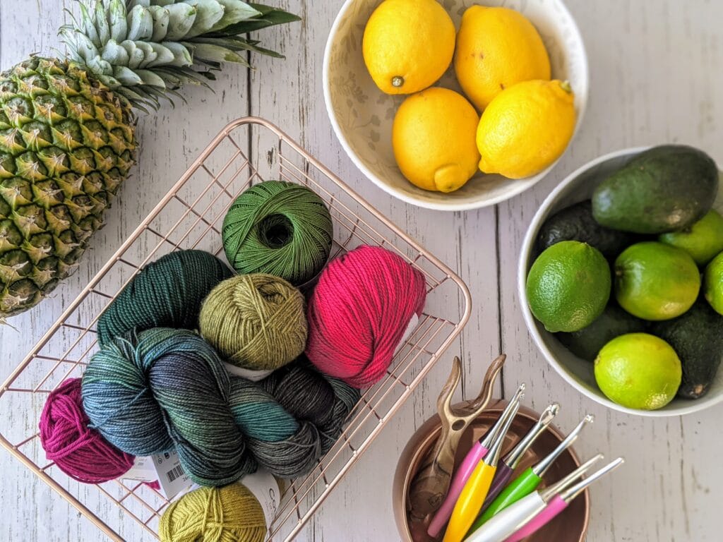 yarn and crochet hooks used in the spring 2021 issue of crochet foundry magazine