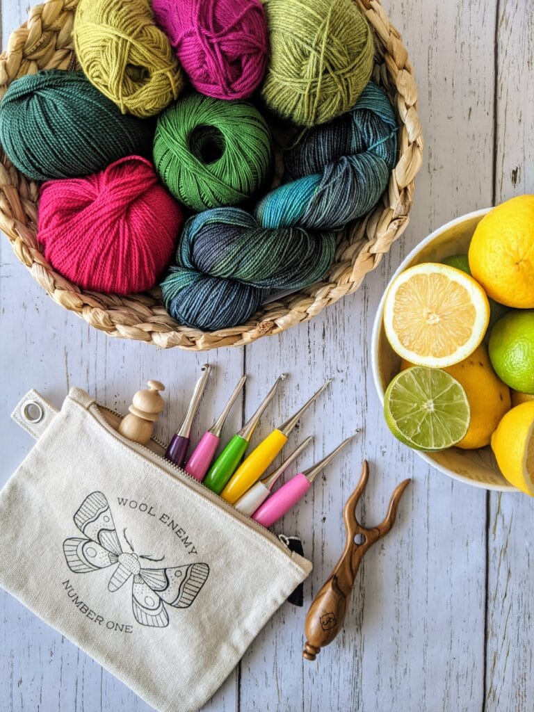 yarn and crochet hooks used in the spring 2021 issue of crochet foundry magazine